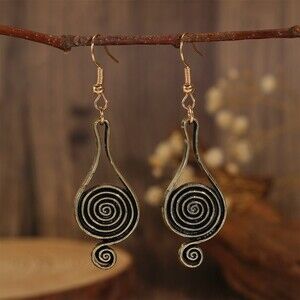 Boho Gypsy Gold Tone Spiral Swirl Dangle Drop Earrings Black Textured Statement